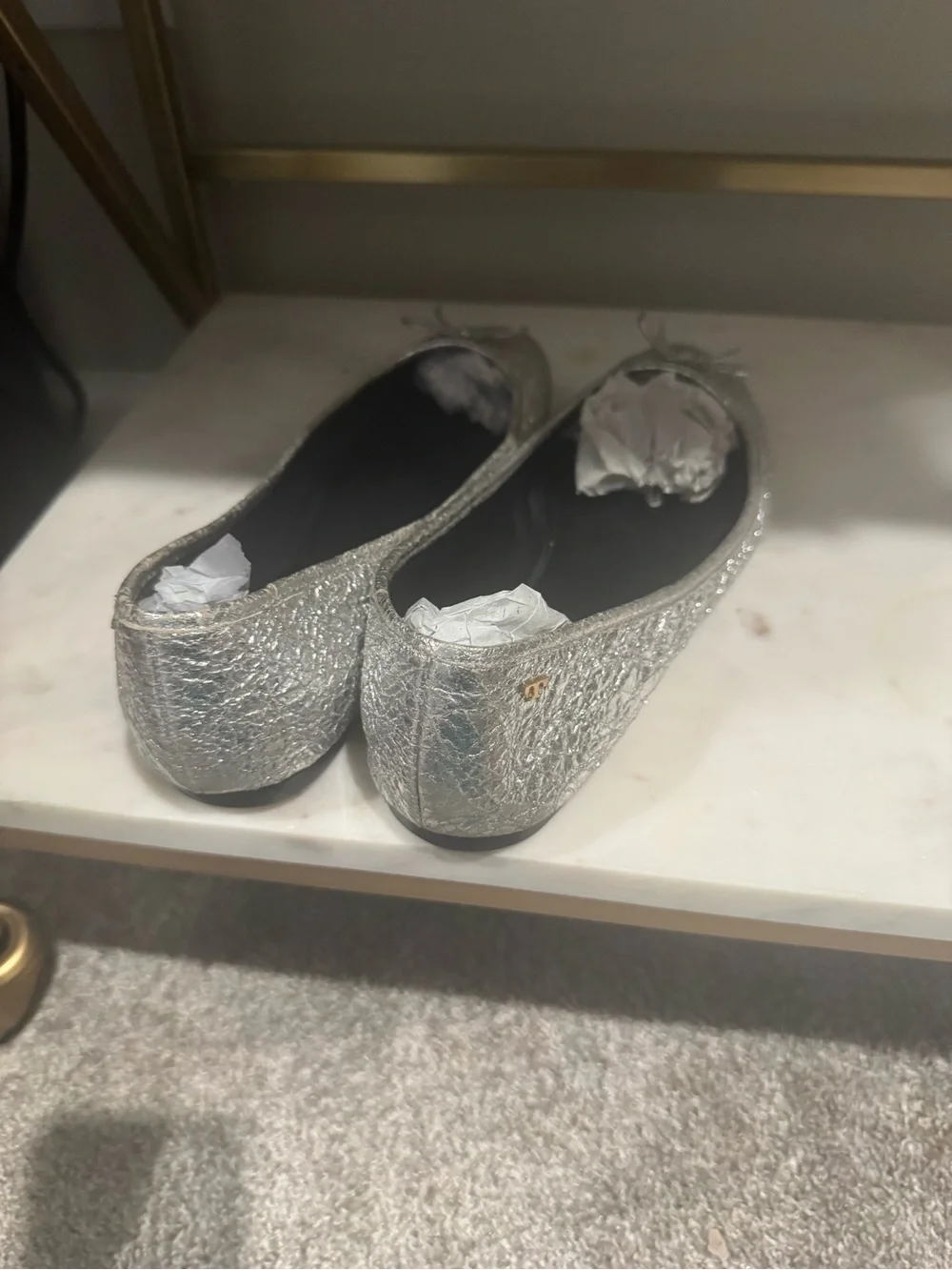 Tory Burch Metallic Silver Ballet Flats with Bow